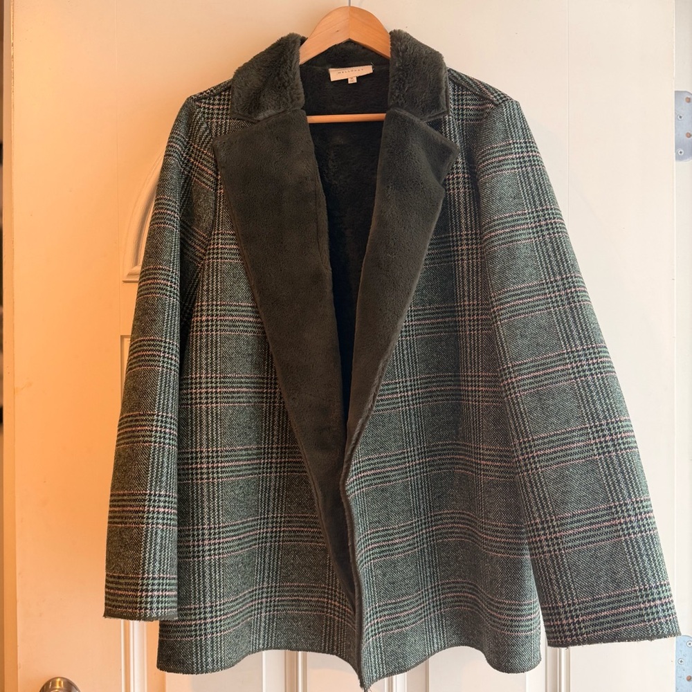 MELLODAY Green Plaid Teddy Jacket with Faux Fur